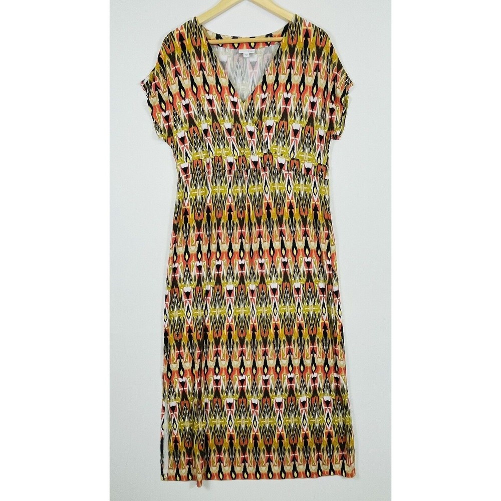 J. Jill Earth Tones Native Geometric Print Maxi Short Sleeve Dress Womens Medium